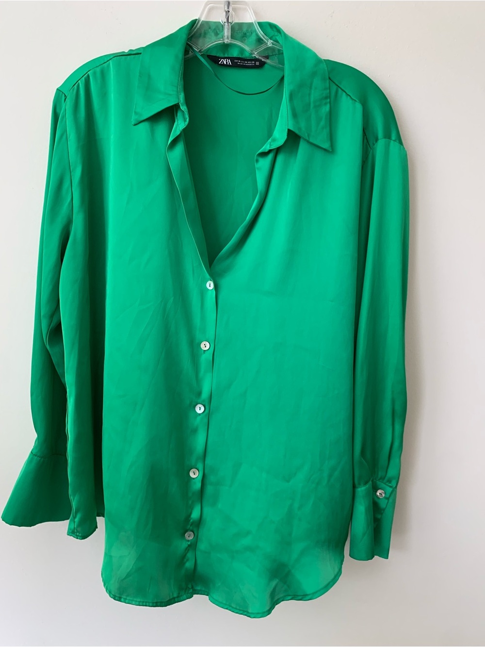 ZARA Medium Bright Green Silk Button-Up Shirt